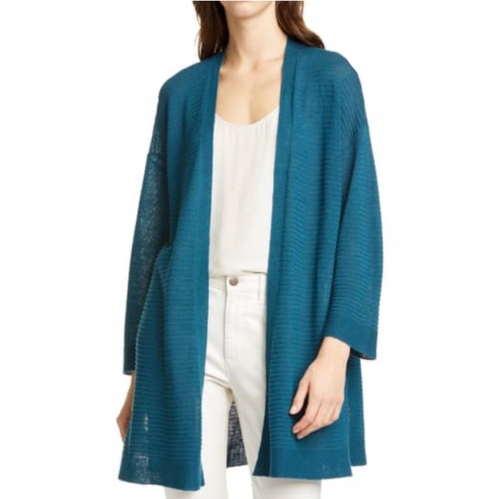 Eileen Fisher Organic Cotton Linen Open Cardigan Women’s‎ Large Blue Ribbed